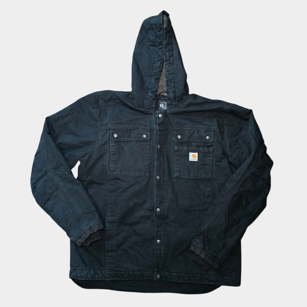 Carhartt XL Tall Black Sherpa Lined Hooded Canvas Shirt Jacket 103826 Workwear